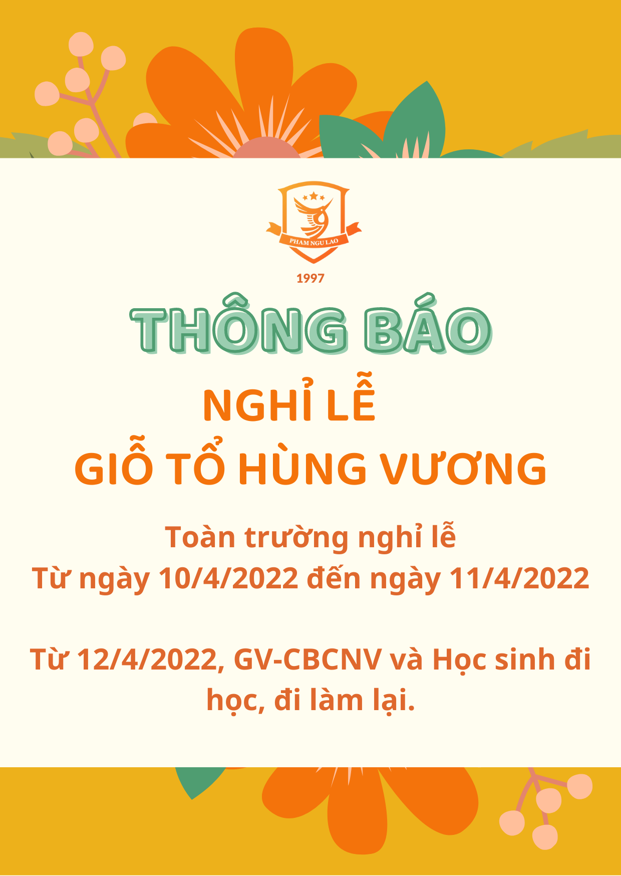 THÔNG BÁO LỊCH NGHỈ LỄ GIỖ TỔ HÙNG VƯƠNG 