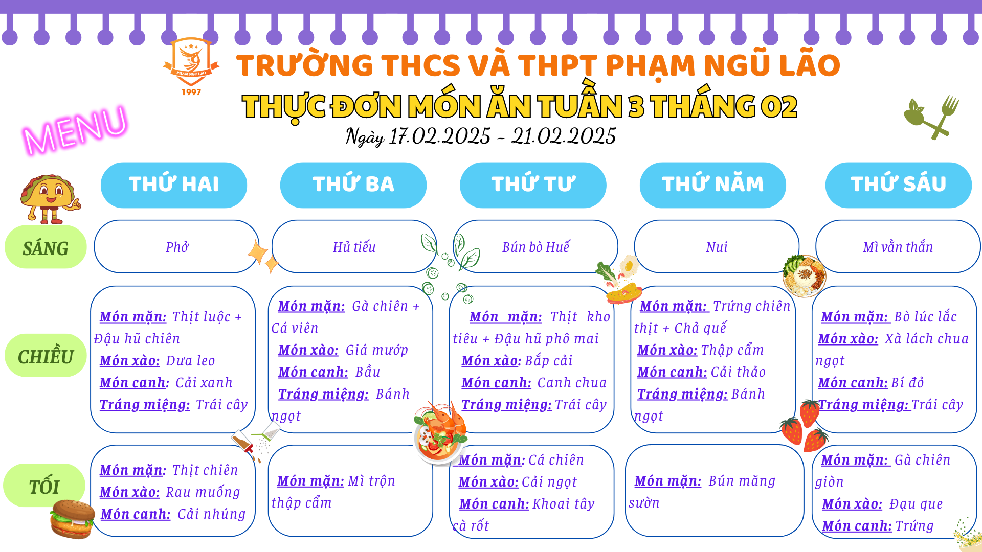 THỰC ĐƠN MÓN ĂN NGÀY 17.02.2025 - 21.02.2025