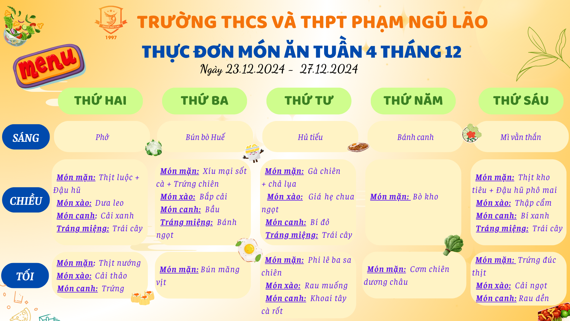 THỰC ĐƠN MÓN ĂN NGÀY 23.12.2024 - 27.12.2024