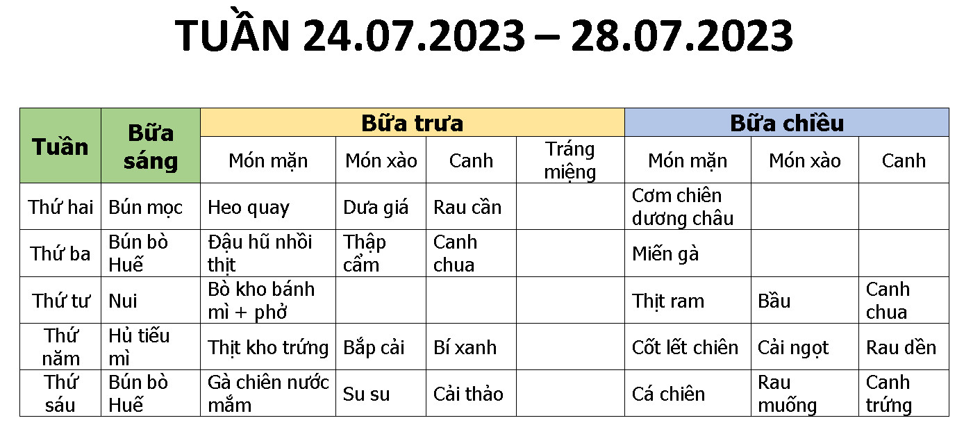 THỰC ĐƠN MÓN ĂN NGÀY 24.07.2023 - 28.07.2023