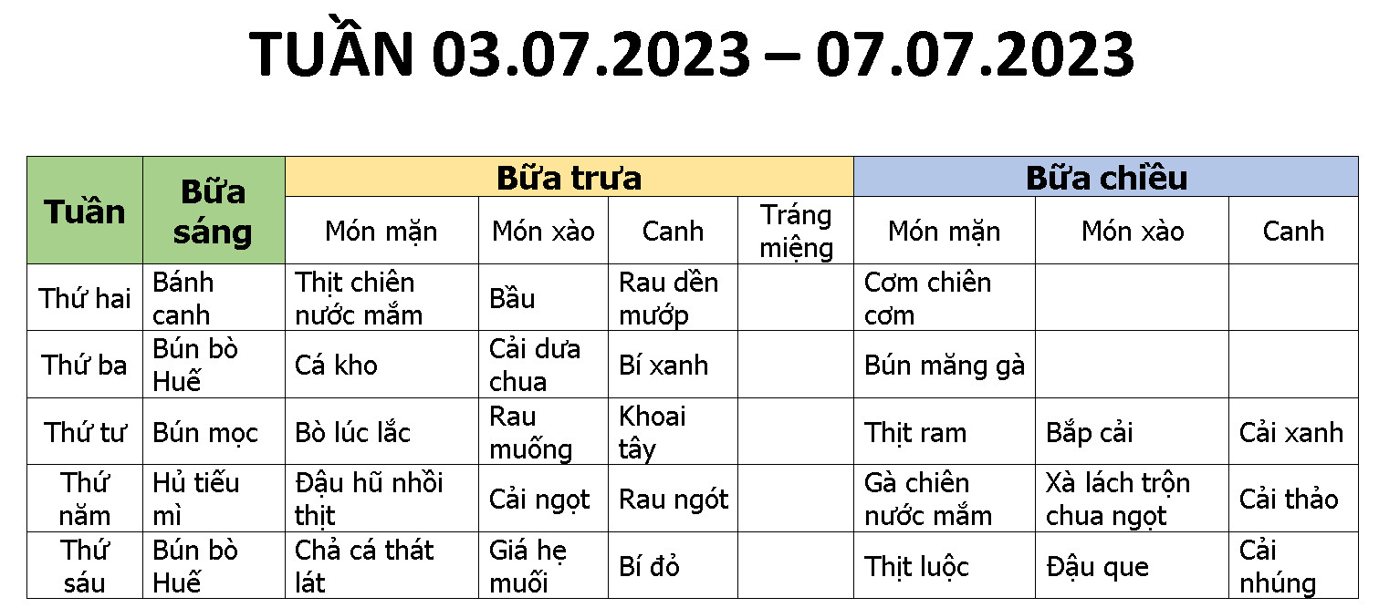 THỰC ĐƠN MÓN ĂN NGÀY 03.07.2023 - 07.07.2023