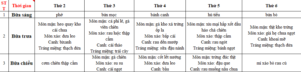 THỰC ĐƠN MÓN ĂN NGÀY 18.12.2023 - 22.12.2023