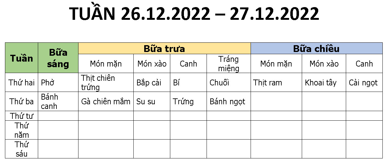 THỰC ĐƠN MÓN ĂN NGÀY 26.12.2022-27.12.2022