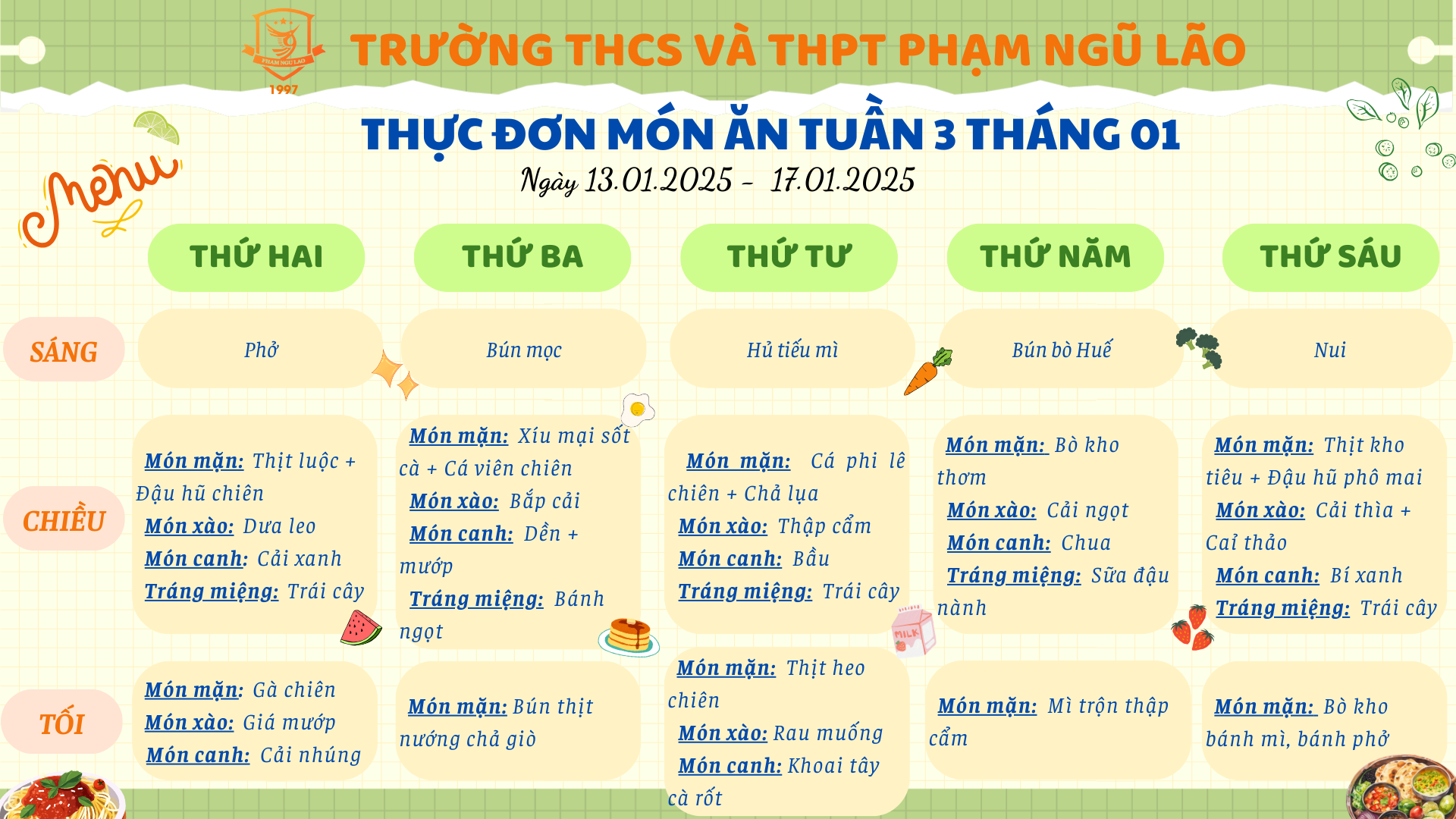 THỰC ĐƠN MÓN ĂN NGÀY 13.01.2025 - 17.01.2025