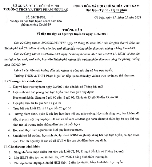 THÔNG BÁO VỀ VIỆC TIẾP TỤC DẠY VÀ HỌC TRỰC TUYẾN TỪ NGÀY 17/02/2021 TRƯỜNG THCS VÀ THPT PHẠM NGŨ LÃO