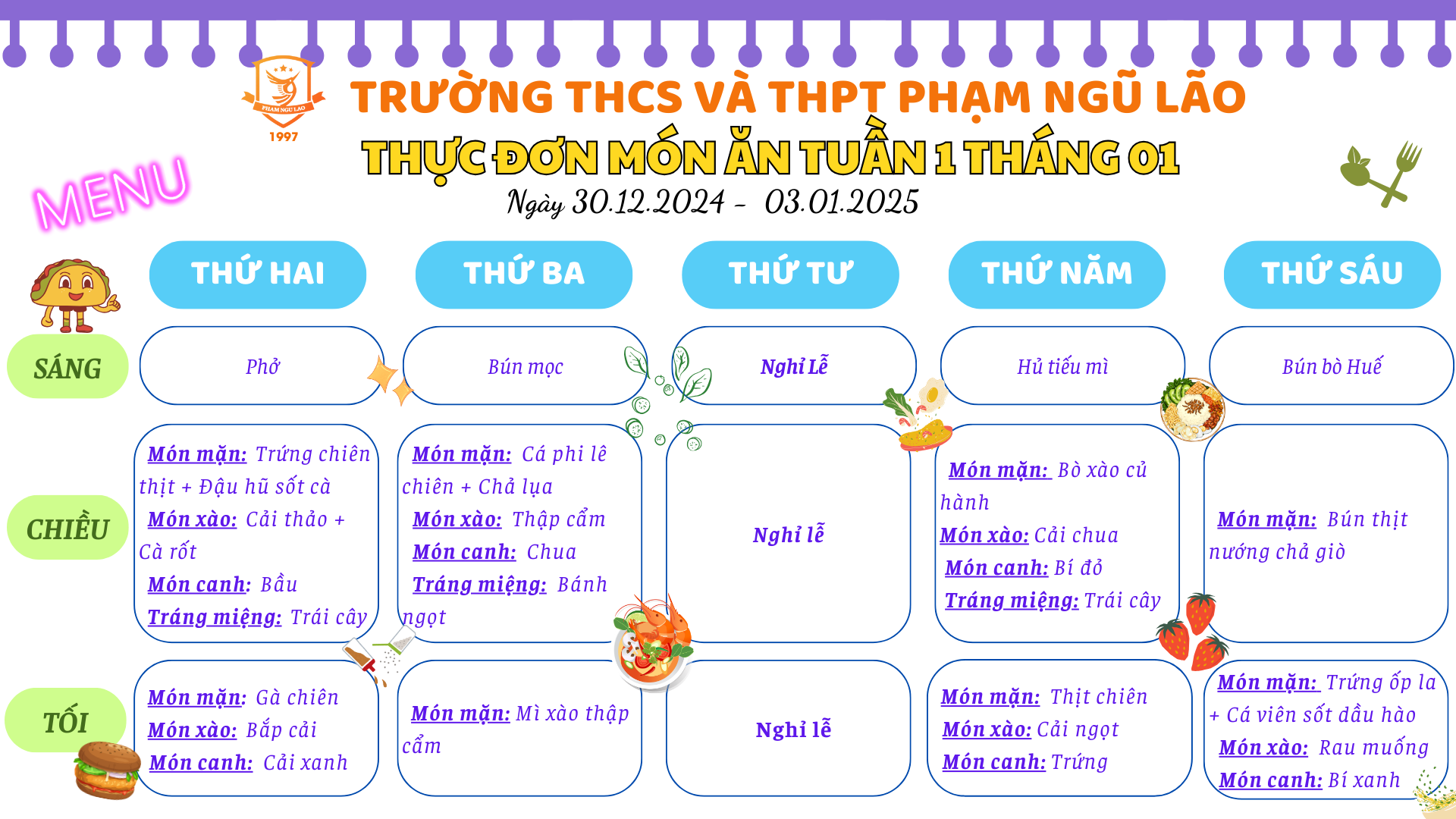 THỰC ĐƠN MÓN ĂN NGÀY 30.12.2024 - 03.01.2025