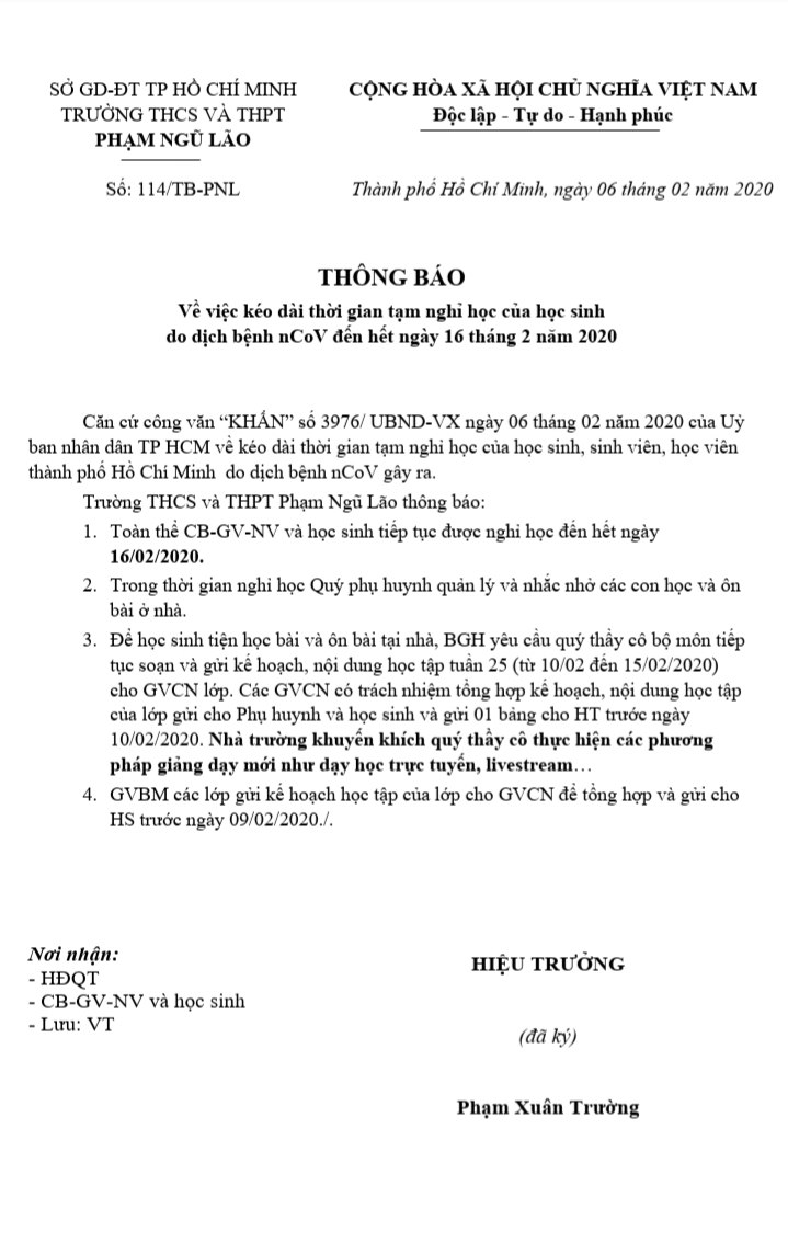 THÔNG BÁO Về việc kéo dài thời gian tạm nghỉ học của học sinh  do dịch bệnh nCoV đến hết ngày 16 tháng 2 năm 2020