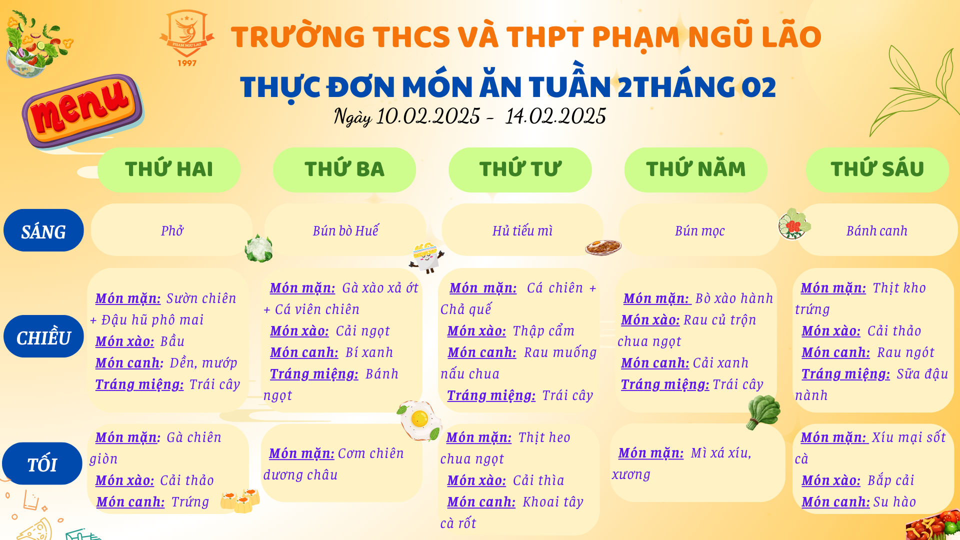 THỰC ĐƠN MÓN ĂN NGÀY 10.02.2025 - 14.02.2025