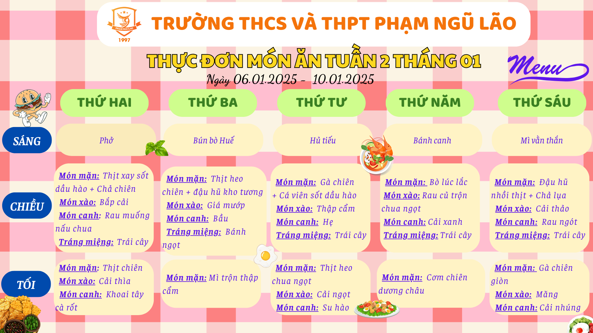 THỰC ĐƠN MÓN ĂN NGÀY 06.01.2025 - 10.01.2025