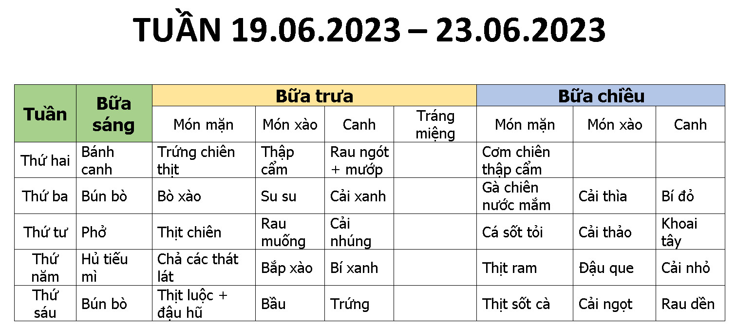 THỰC ĐƠN MÓN ĂN NGÀY 19.06.2023 - 23.06.2023