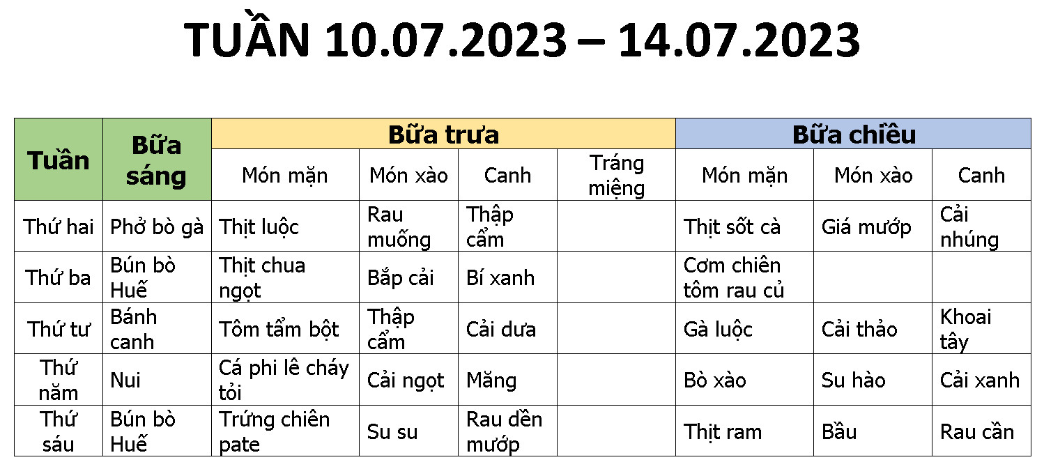 THỰC ĐƠN MÓN ĂN NGÀY 10.07.2023 - 14.07.2023