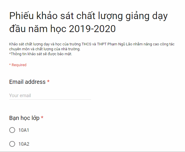 PHIẾU KHẢO SÁT CHẤT LƯỢNG GIẢNG DẠY ĐẦU NĂM HỌC 2019-2020 CỦA HỌC SINH