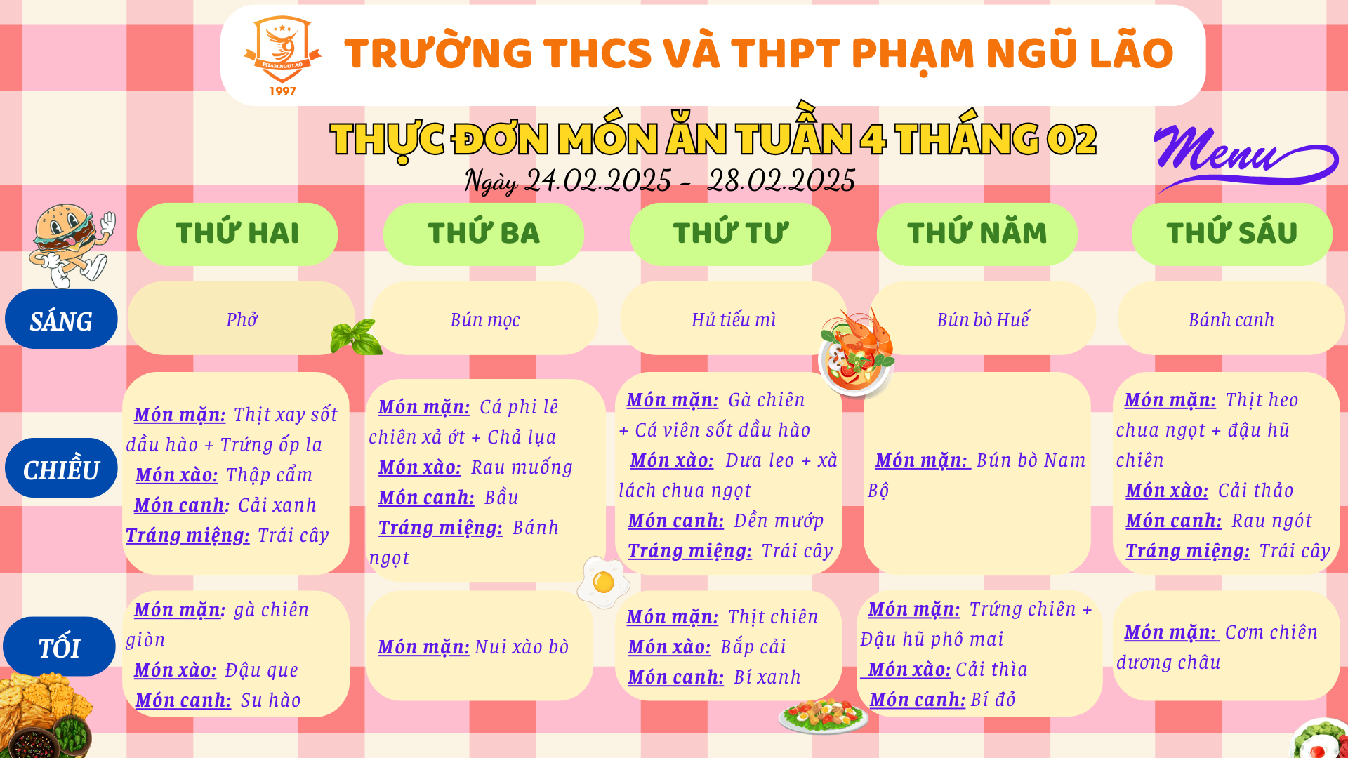 THỰC ĐƠN MÓN ĂN NGÀY 24.02.2025 - 28.02.2025