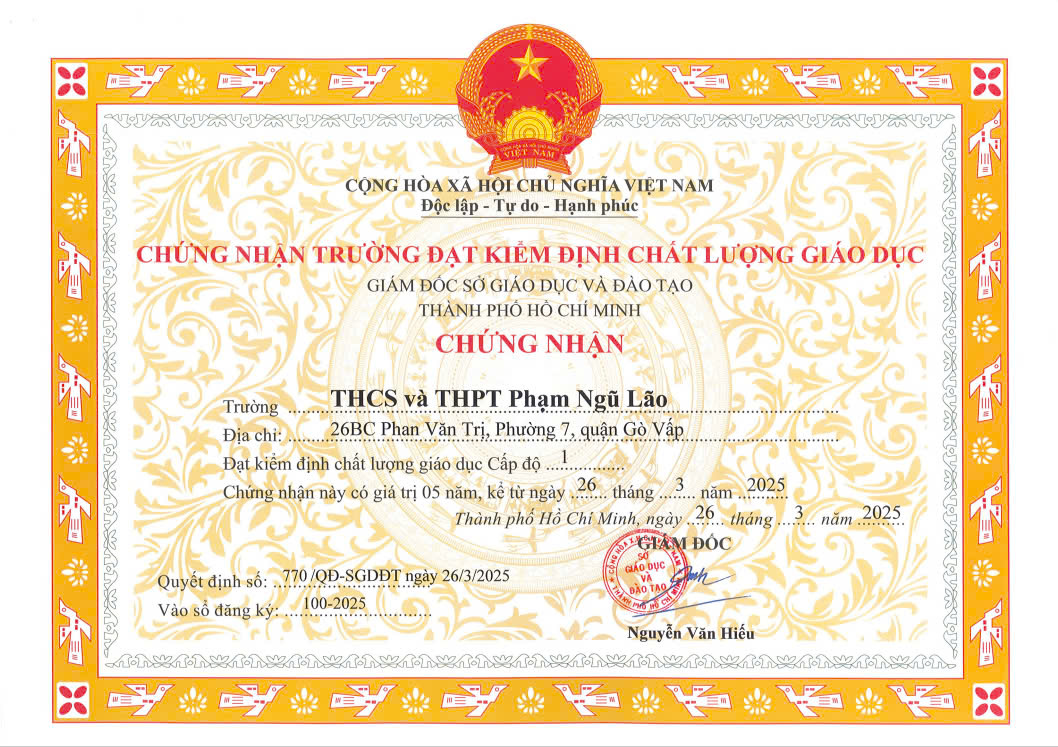 CHỨNG NHẬN ĐẠT KIỂM ĐỊNH CHẤT LƯỢNG GIÁO DỤC CẤP ĐỘ 1 
