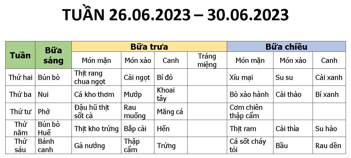 THỰC ĐƠN MÓN ĂN NGÀY 26.06.2023 - 30.06.2023