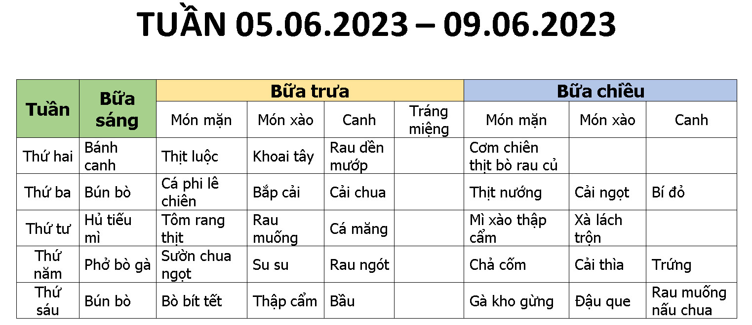 THỰC ĐƠN MÓN ĂN NGÀY 05.06.2023 - 09.06.2023
