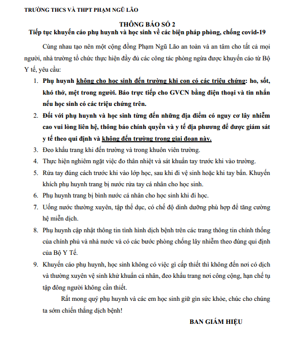 THÔNG BÁO SỐ 2 - KHUYẾN CÁO PHỤ HUYNH VÀ HỌC SINH CÁC BIỆN PHÁP PHÒNG CHỐNG COVID 19